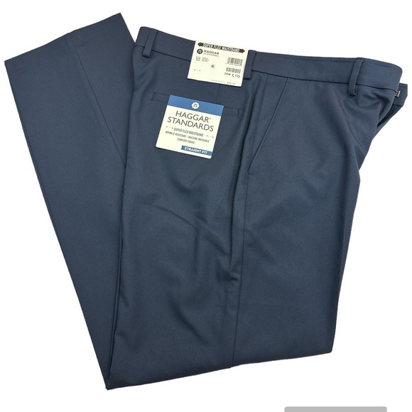 Haggar Standards Solid Gab Indigo Blue Super Flex Waist Straight Fit NWT 34W/32L